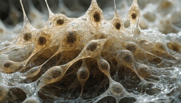 Detailed medium shot capturing highresolution texture of healing connective tissue showcasing fibroblasts embedded in warmlit substrate with blurred background emphasizing the
