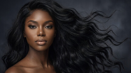 Naklejka premium Ebony black African model with side swept voluminous wavy hairstyle, beauty portrait with flowing hair movement, smooth radiant skin and elegant fashion look for Juneteenth and Black History Month
