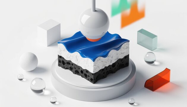 Isometric 3D illustration showing a mixedmaterial sample under hardness testing in a minimal lab setup sharp focus on the main object with wide composition and subtle blurred