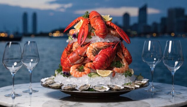 Focused empty wine glasses on a glossy marble table complement a sumptuous seafood tower with the blurred waterfront and ambient twilight colors enhancing the serene luxury
