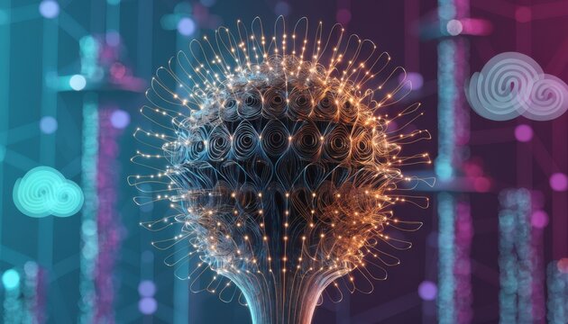 Medium shot of a glowing 5G massive MIMO antenna array in sharp focus with blurred futuristic city grid and cloud icons softly lit by teal and magenta gradients in the background.
