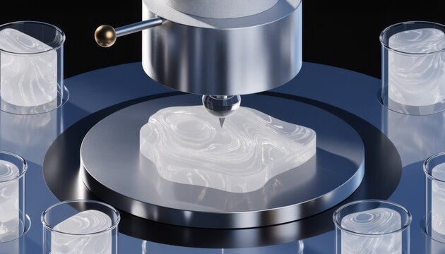 Detailed isometric 3D view of a polymer sample being analyzed at a hardness testing station crisp clean surfaces highlighted by premium lighting with specimen labels and peripheral