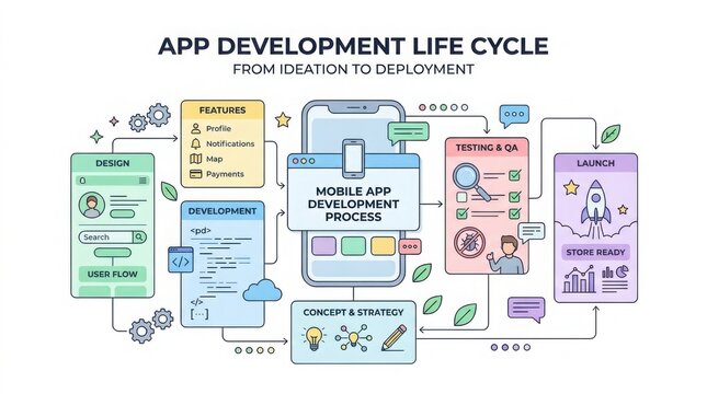 Mobile app development life cycle process flowchart from ideation to launch