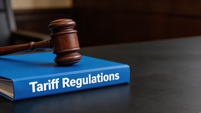 Wooden gavel on tariff regulations book in courtroom setting