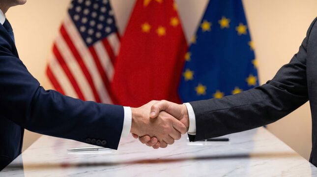 Business meeting handshake with flags of usa, china, and eu in background