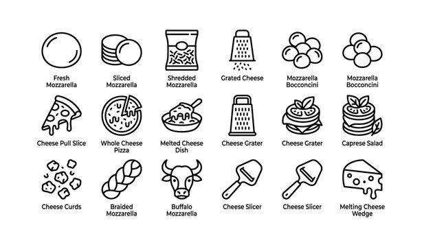 Mozzarella and cheese icons arranged in labeled grid