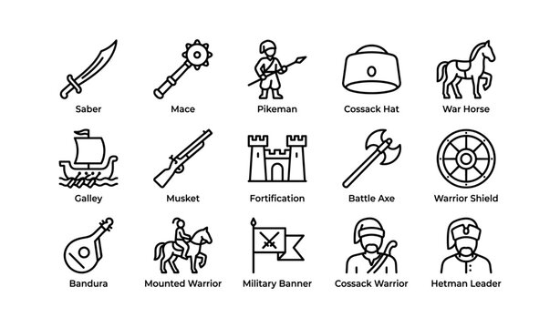 Historical warrior and weapon icons arranged in grid layout
