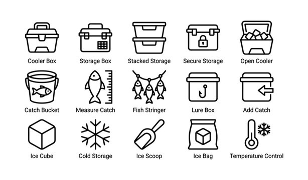 Fishing storage and ice cooling icons arranged in grid layout
