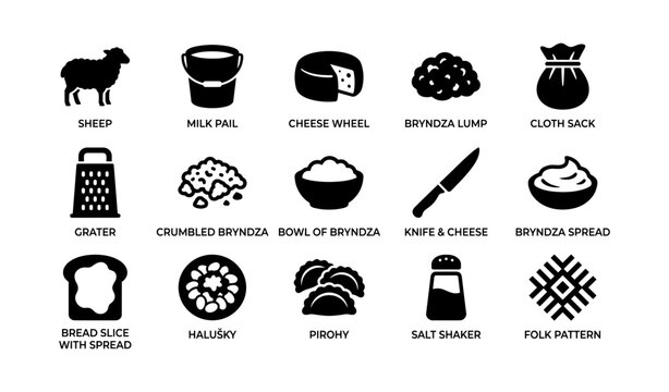 Sheep and bryndza cheese icons with utensils on white background