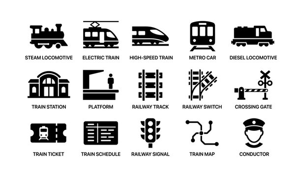 Railway and train icons showing vehicles stations and infrastructure