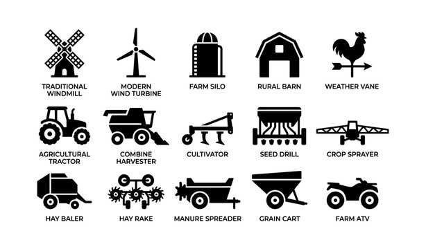Farm machinery and structures icons arranged in grid on white