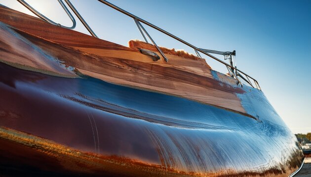 detailed image of a boat hull being coated with epoxy resin layers providing a durable and shiny finish sealant ensuring full coverage and protection
