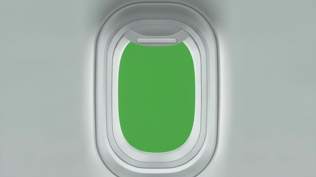 Realistic airplane window frame featuring a vivid green screen background prepared for professional digital compositing of aerial views or travel content during creative video editing project