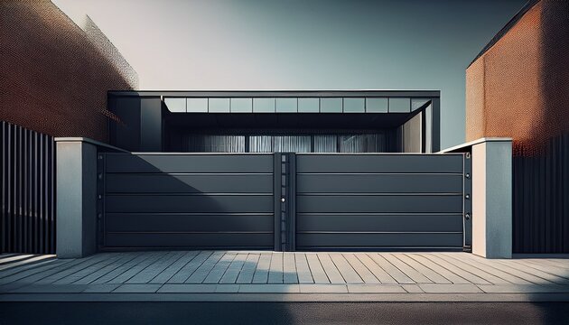 monolithic brutalist residential architecture defining the estate boundary secured by a long heavy anthracite metal sliding gate fence system housing texture metal