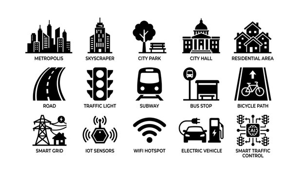 City and urban icons showing buildings transport and services