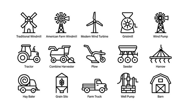 Windmills and farm equipment icons showing agricultural tools