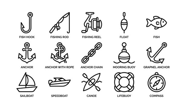 Fishing and boating icons arranged in grid on white background