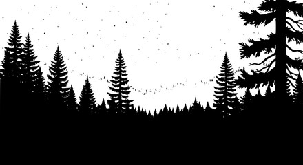 Obraz premium Silhouette of a pine forest under a starry sky vector illustration