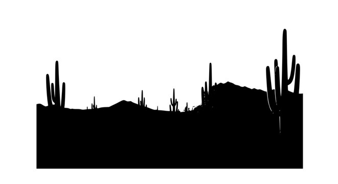 Minimalist saguaro cactus desert landscape silhouette on white background