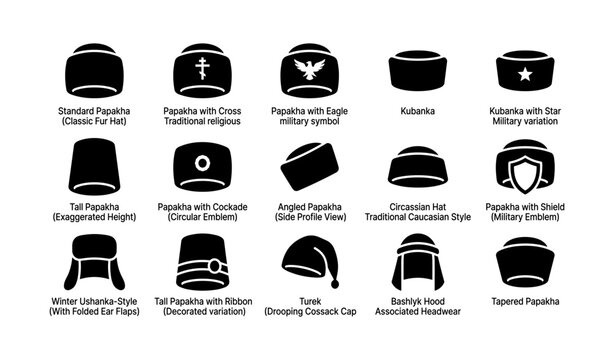 Papakha hat variations with religious and military symbols on white
