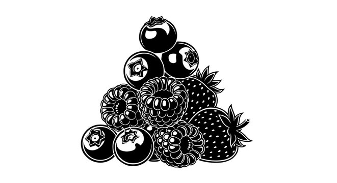Mixed berries vector illustration with strawberries raspberries and blueberries in black and white
