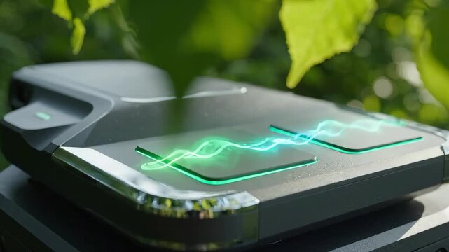 Holographic wave glows green. Device sits on surface. Leaves frame background softly. Futuristic design suggests technology. Screen displays glowing curve. Light reflects off device.