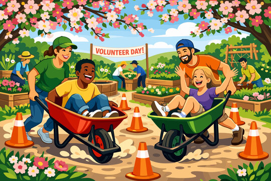 Children and adults enjoy wheelbarrow races during a community volunteer day in a garden setting filled with flowers and trees