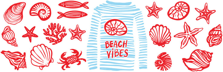Obraz premium Hand drawn beach themed design elements and summer seaside decoration collection set