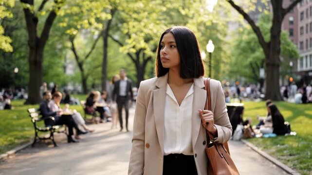 Young professional woman walking through a city park on a sunny spring afternoon, wearing a beige blazer and white blouse and carrying a tan leather tote while people relax nearby