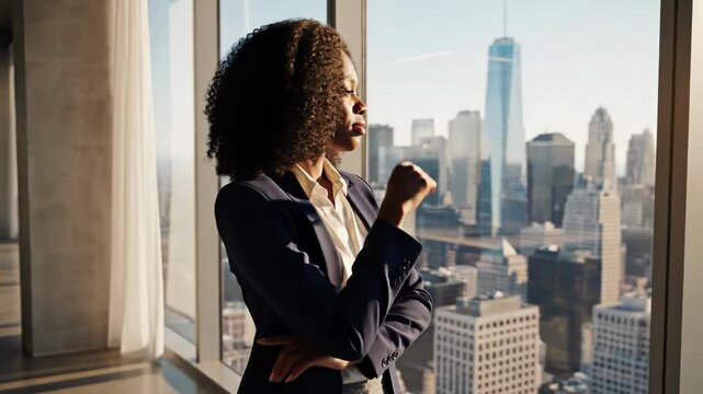 Professional woman in a tailored blazer and suit stands confidently in a modern high-rise office by floor-to-ceiling windows, gazing over an urban skyline at golden hour.