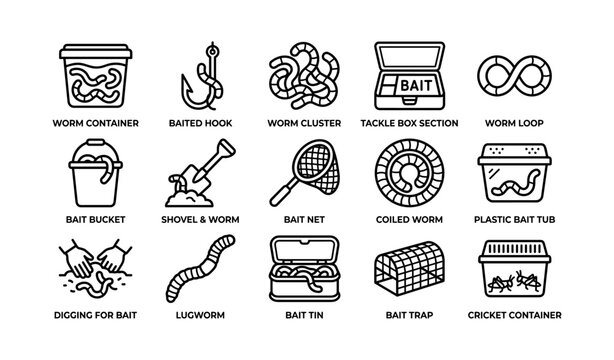 Fishing bait icons arranged in rows on white background
