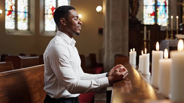 Young man in a white shirt praying reverently at a wooden church pew surrounded by glowing votive candles and colorful stained-glass windows, expressing quiet faith