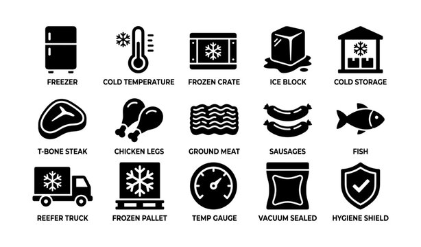 Frozen storage and meat icons arranged in grid on white background