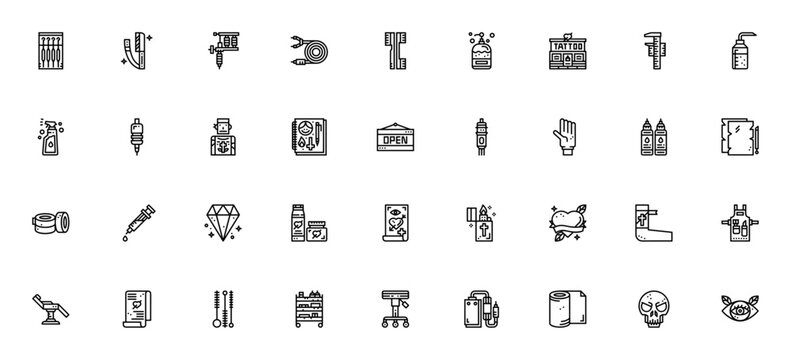 Tattoo icon set. Minimal line art pack. Needle, razor, tattoo machine, ink, glove, syringe, skull, heart, and more. Editable vector stroke for studio designs.