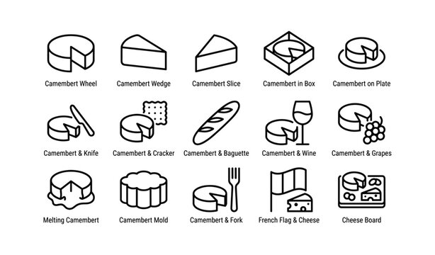 Camembert cheese icons with serving items on white background