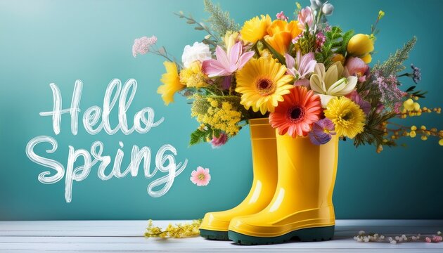 vibrant spring floral bouquet in a cheerful yellow rain boot with hello spring text