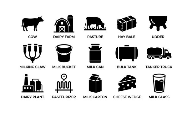Dairy farm and milk processing icons arranged on white