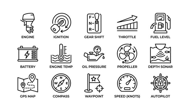 Boat dashboard icons showing engine, navigation and system gauges