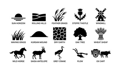 Naklejka premium Rural landscape and wildlife icons arranged in a pictogram grid