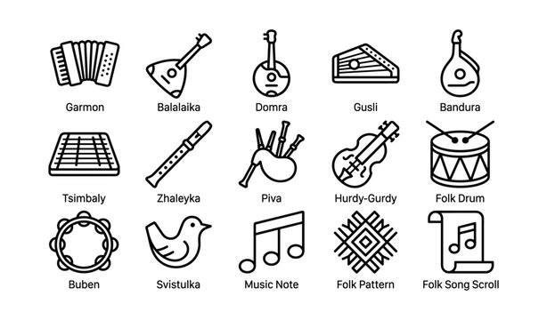 Folk musical instrument icons arranged in three rows