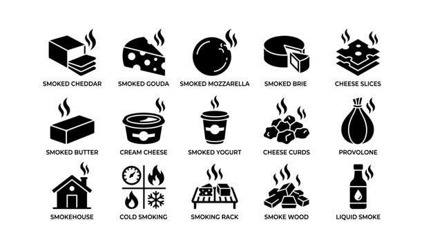 Smoked cheese icons with labels showing smoking methods
