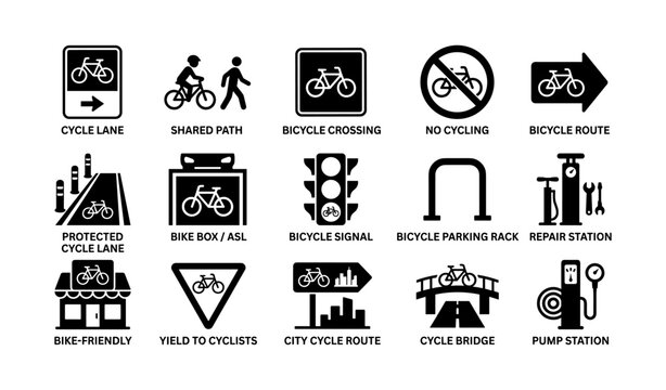 Bicycle signage and facility icons showing cycling routes and amenity