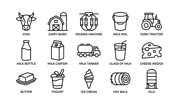 Dairy and farm icons displayed in labeled grid on white background