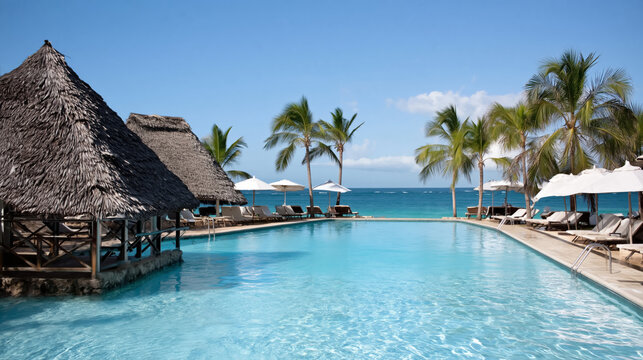 Tropical paradise beach resort poolside with palm trees and ocean view for relaxation and getaways