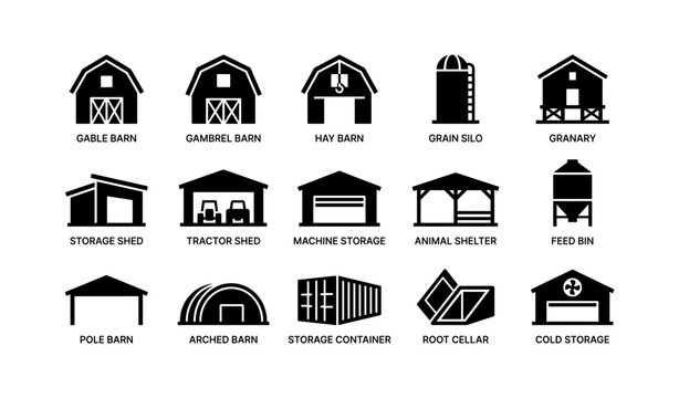 Agricultural barn icons showing farm storage types on white
