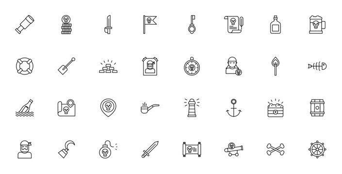 Pirate icon set. Nautical vector pack. Minimalist icons featuring spyglass, treasure map, skull, compass, cannon, anchor, sword, ship and more. Editable stroke collection.