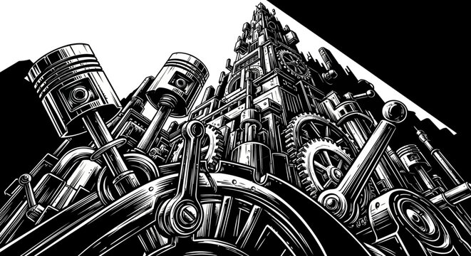 Surreal mechanical cityscape illustration composed of intricate engine parts, gears, and pistons in a dynamic low-angle perspective, black and white