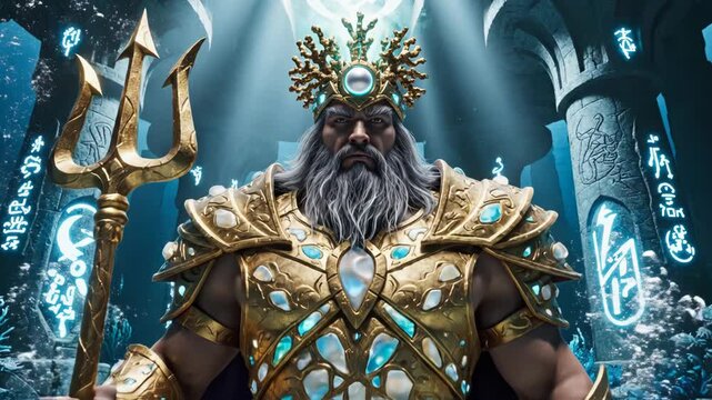 Imposing ancient sea god king clad in ornate golden armor and jeweled crown brandishing a trident within an underwater ruined temple illuminated by glowing runes and rays of light.