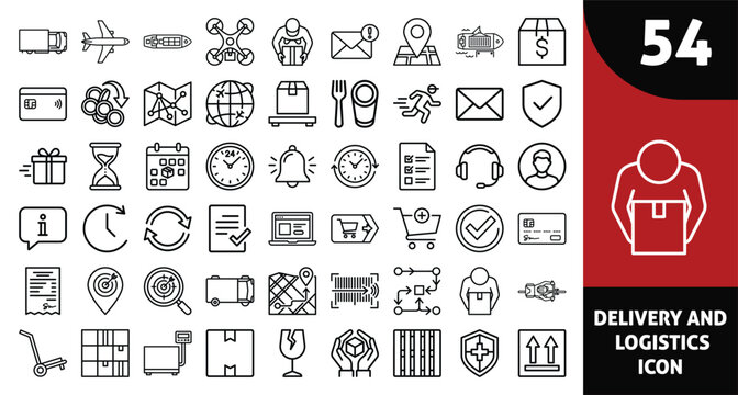 Set of 54 hand drawn delivery and logistics icons for shipping transport and supply chain management services Vector