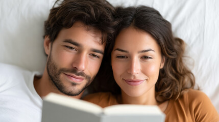 Fototapeta premium Cozy couple relaxing with a book in comforting bedroom setting